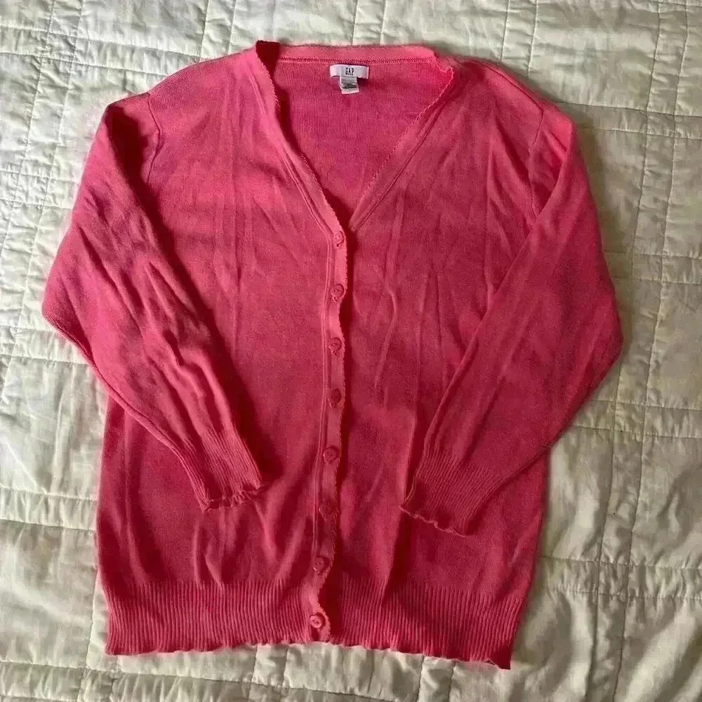 Y2k cottagecore pink cardigan gap women’s XL lightweight ruffle‎ hems v-neck